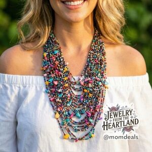 Multi-strand Shells & Seed Beads Multicolored Bib Necklace Layered Bright Pastel